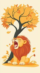 Wall Mural - A Roaring Lion Underneath an Autumn Tree