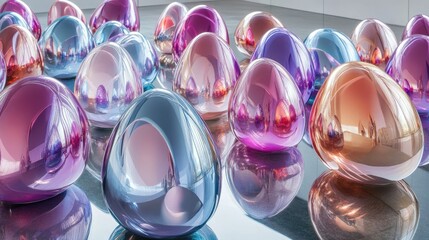 Poster - Colorful reflective eggs in modern art installation with bright light