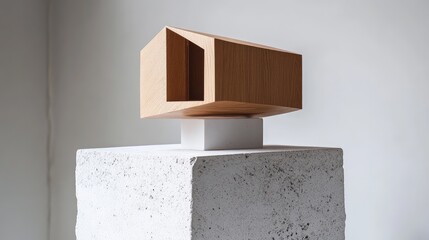 Poster - Minimalist wooden sculpture on concrete pedestal in bright interior