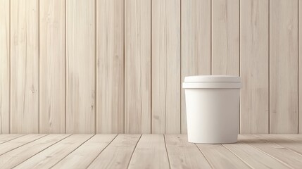 Poster - Plain White Container on Wooden Floor Against Light Wooden Wall