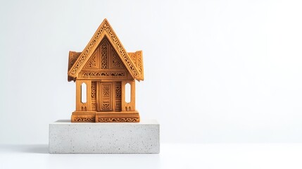 Poster - Intricate Wooden Model House on Concrete Base with Minimalist Style