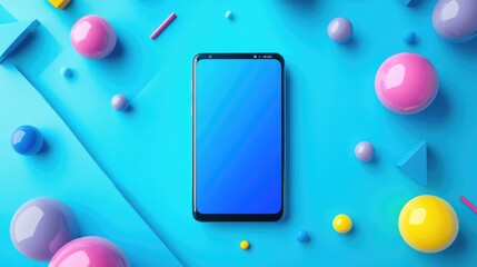 Poster - Modern Smartphone on Blue Background with Colorful Shapes and Objects