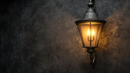 Poster - Vintage Decorative Lantern with Warm Glow on Dark Wall Background