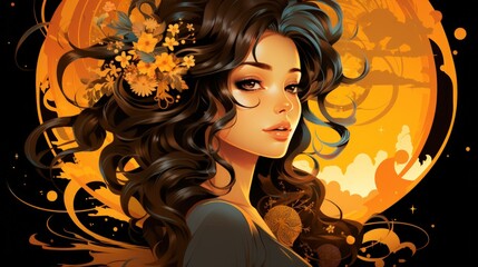 Canvas Print - Beautiful woman, flowing hair, floral crown, orange background.