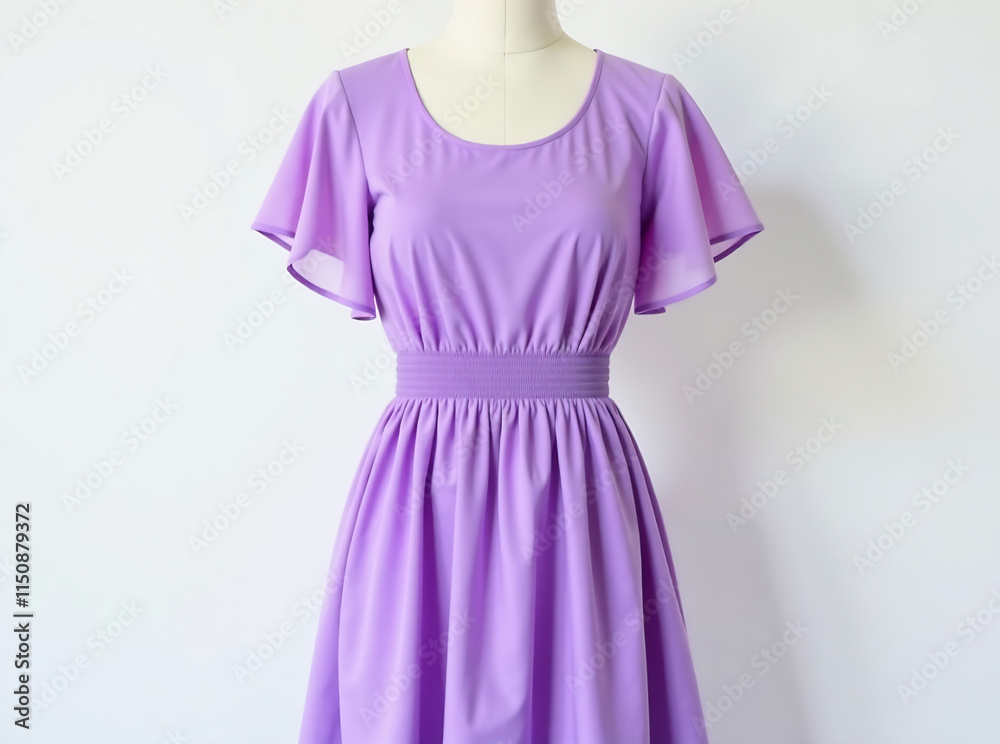 Pleated V-neck Flutter Sleeve Ruffles Chiffon Dress Lavender