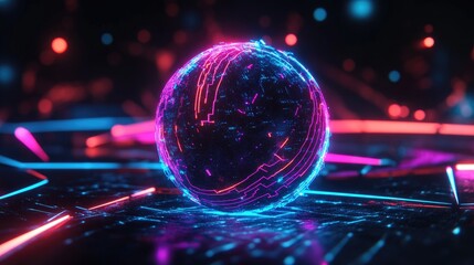 Poster - Glowing 3D Sphere with Neon Lights and Abstract Background Effects