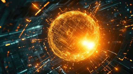 Poster - Glowing Sphere with Digital Connections and Energy Burst Effects