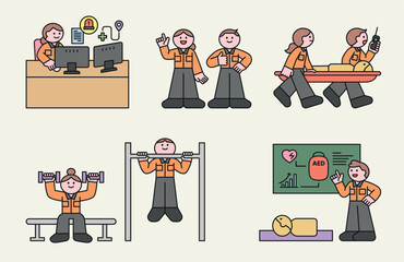 Poster - Fire department paramedic's job. Call center, training, physical training, stretcher, defibrillator. Cuttiny character with outline.