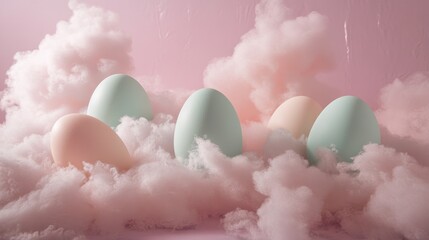 Poster - Colorful Easter Eggs Surrounded by Soft Cotton Clouds on Pink Background