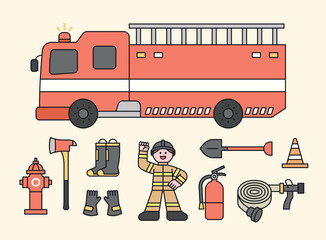 Poster - Fire truck and firefighter characters. A collection of various fire station equipment. Cuttiny character with outline.