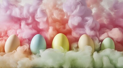 Poster - Colorful Easter Eggs Surrounded by Soft Pastel Clouds of Cotton