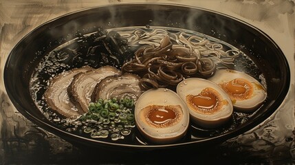 Wall Mural - Steaming bowl of ramen noodles, chashu pork, soft boiled eggs, and seaweed.