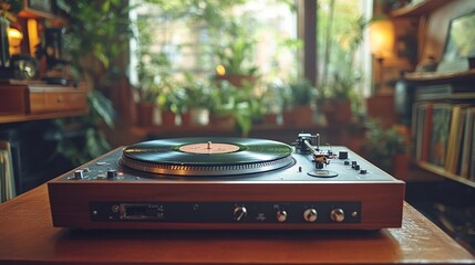 Wall Mural - Vintage turntable playing vinyl record, plants in background.