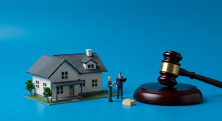 Real Estate House trial miniature house property auction foreclosure Lawyer concept blue background