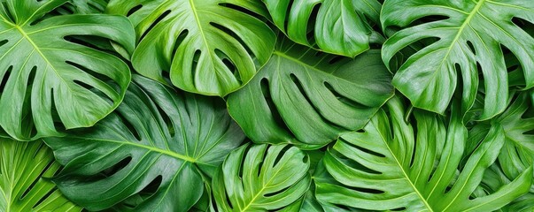 Wall Mural - Greenery palms idea. Lush green monstera leaves create a vibrant tropical background.