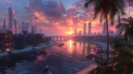 Wall Mural - Vibrant sunset over a city skyline with a calm river, palm trees, and traditional buildings.