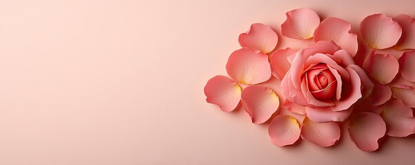 Poster - Minimal rose idea. Delicate pink rose with petals on a soft pastel background, ideal for romantic themes.