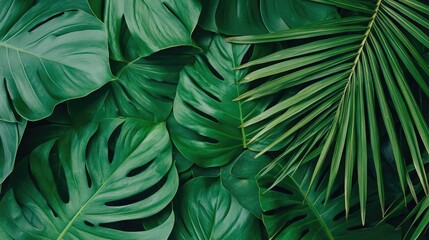 Wall Mural - Greenery palms idea. Lush green leaves creating a vibrant and tropical texture for nature-inspired designs.