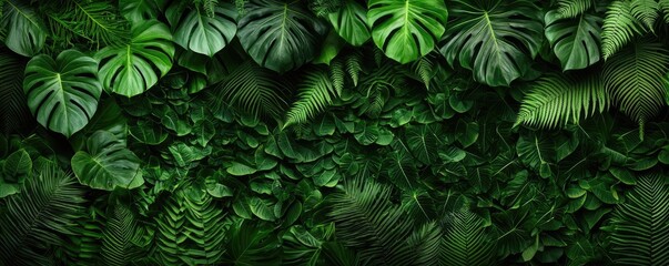 Wall Mural - Greenery palms idea. Lush green leaves creating a vibrant, tropical atmosphere in nature.