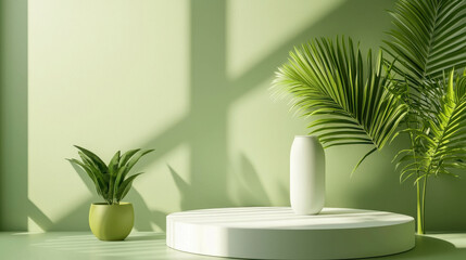 Poster - Simple 3D Rendered Platform for Product Display in Green Interior Setting