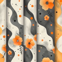 Poster - Bright orange flowers and playful shapes compose a lively abstract pattern. The design integrates shades of gray and cream, suitable for wallpaper or fabric, adding energy to any space.