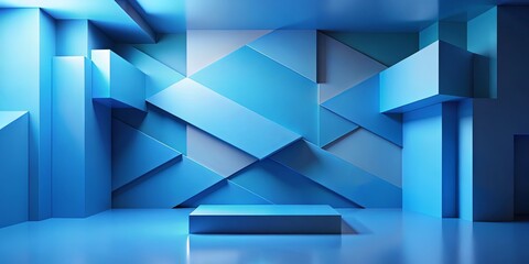 Wall Mural - abstract blue geometric room with platform for display