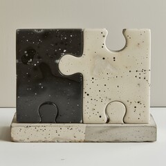 Poster - This decorative sculpture features two interlocking concrete puzzle pieces, one in black with speckles and the other in white. It sits on a sturdy gray base, adding modern charm to any space.