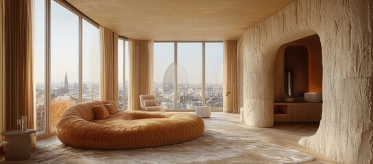 Wall Mural - Cozy, modern living room with panoramic city views and organic textures.