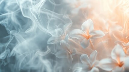 Aufkleber - Close-up of a 3D wallpaper with a simple yet elegant flower design, surrounded by soft steam that adds a calming, dreamlike effect.