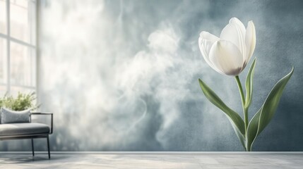 Poster - Close-up of a single flower on 3D wallpaper, with a light mist of soft steam rising in the background, adding a sense of tranquility.