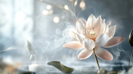 Poster - Close-up of a single flower on 3D wallpaper, with a light mist of soft steam rising in the background, adding a sense of tranquility.