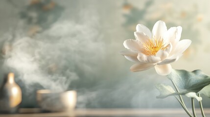 Poster - Close-up of a single flower on 3D wallpaper, with a light mist of soft steam rising in the background, adding a sense of tranquility.
