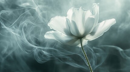 Poster - Close-up of a single flower on 3D wallpaper, with soft steam moving upward in a delicate pattern, adding depth and serenity.