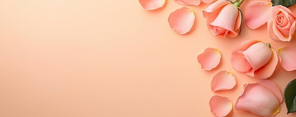 Wall Mural - Minimal rose idea. Beautiful pink rose petals arranged elegantly on a soft peach background.