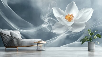 Poster - Elegant 3D wallpaper with a minimalist single flower design, surrounded by soft, wispy steam, evoking a tranquil ambiance.