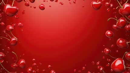 Poster - Red cherries on a smooth red gradient background, with an empty area in the center for copy or branding.