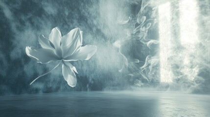 Poster - Soft steam rises around a 3D wallpaper featuring a subtle, single flower pattern, with light shadows creating depth and serenity.