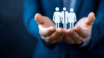 Wall Mural - A Business Professional Holding Paper Cutouts of Diverse People in Hands Symbolizing Teamwork, Collaboration, and Human Connection in a Corporate Environment with a Blue Background