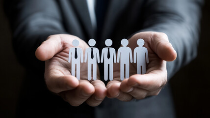 Wall Mural - Hands Holding Paper Cutouts of Diverse People Representing Teamwork, Collaboration, Business Partnerships, and Community Support