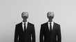 © อาริษา วันดี - Futuristic Business Partners Featuring Human-Like Robot Heads with Circuit Patterns in Formal Attire against Minimalist Grey Background
