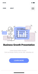 Poster - business growth presentation concept woman analyzing data charts hand drawn style mobile app design