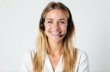 A cheerful woman with long blonde hair is wearing a headset, smiling confidently while providing remote customer service. She is dressed in casual attire and appears welcoming and friendly.