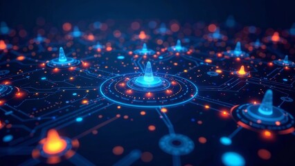 Poster - Colorful depiction of a digital network with glowing nodes and connections against a dark background. The vibrant lights create an abstract representation of communication pathways in technology.