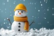 © Dipsky - A cheerful snowman stands in a snowy environment, wearing a bright yellow hard hat and a cozy orange scarf. Snowflakes gently fall around, creating a festive winter atmosphere.