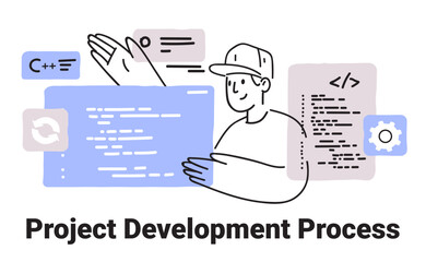 Poster - project development process coding concept featuring a person interacting with code elements symbols
