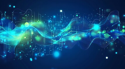 Fototapete - A advertising poster,the background should be simple with blue and green curves,dots and squares representing data graphs, an elegant and modern look emphasizing technological innovation,Digital art.