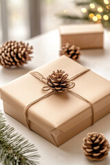 Wall Mural - a brown box with pine cones on it. the pine cones are tied to the box with a string