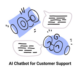 Poster - AI chatbot customer support concept with smiling faces and speech bubbles in blue and white minimalist doodle style