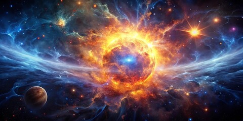 Wall Mural - A Fiery Celestial Body Explodes in a Cosmic Nebula, Surrounded by Stars and Glowing Gas Clouds
