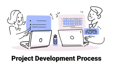 Poster - project development process teamwork concept sketch style two people discussing data charts on lapto
